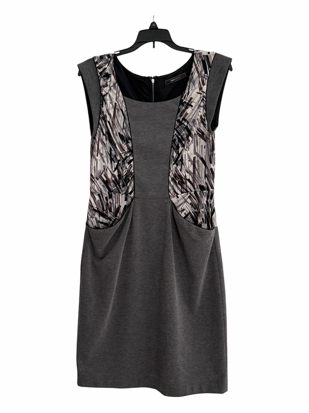 BCBGMaxAzria Gray Sleeveless Ponte Dress with Abstract Print Panels & Pockets